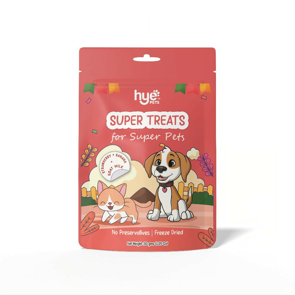 Red package of hye pets super treats for pets on a white background