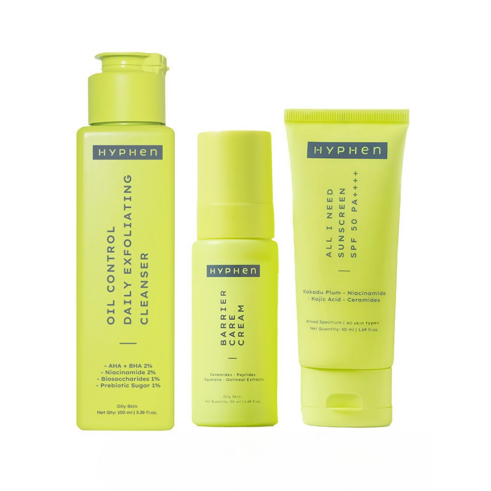 Three yellow skincare products from Hyphen on a white background