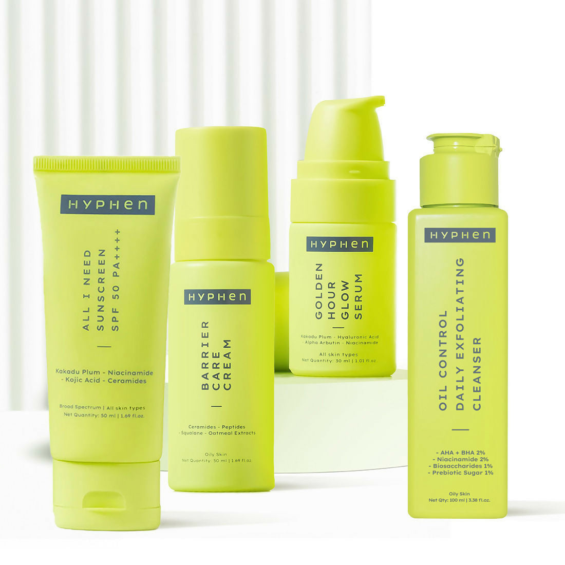 Collection of HYPHEN skincare products on a white background