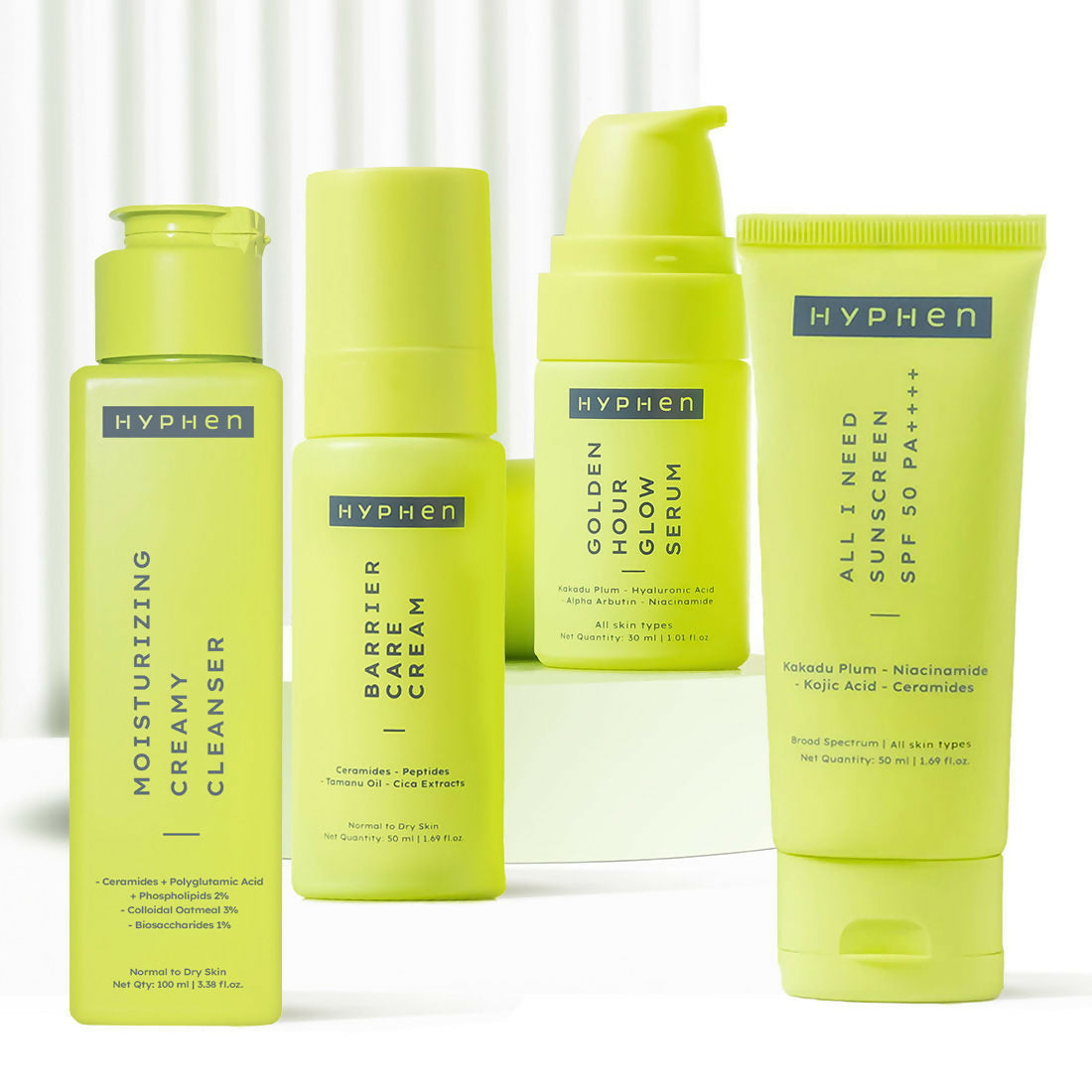 Collection of Hyphen skincare products on a white background