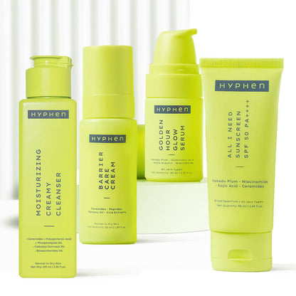Collection of Hyphen skincare products on a white background