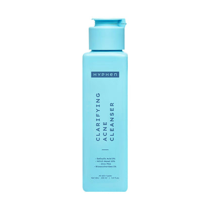Blue bottle of Hyphen Clarifying Acne Cleanser on a white background