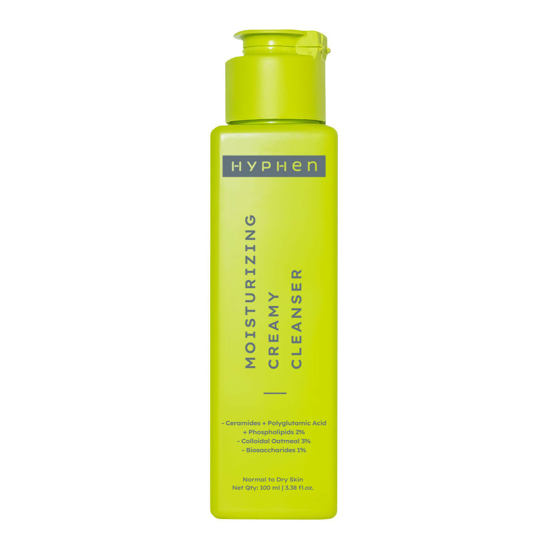 Green bottle of Hyphen moisturizing creamy cleanser on a white background