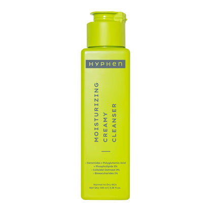 Green bottle of Hyphen moisturizing creamy cleanser on a white background
