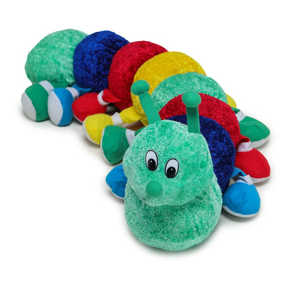 Colorful plush caterpillar toy on a white background