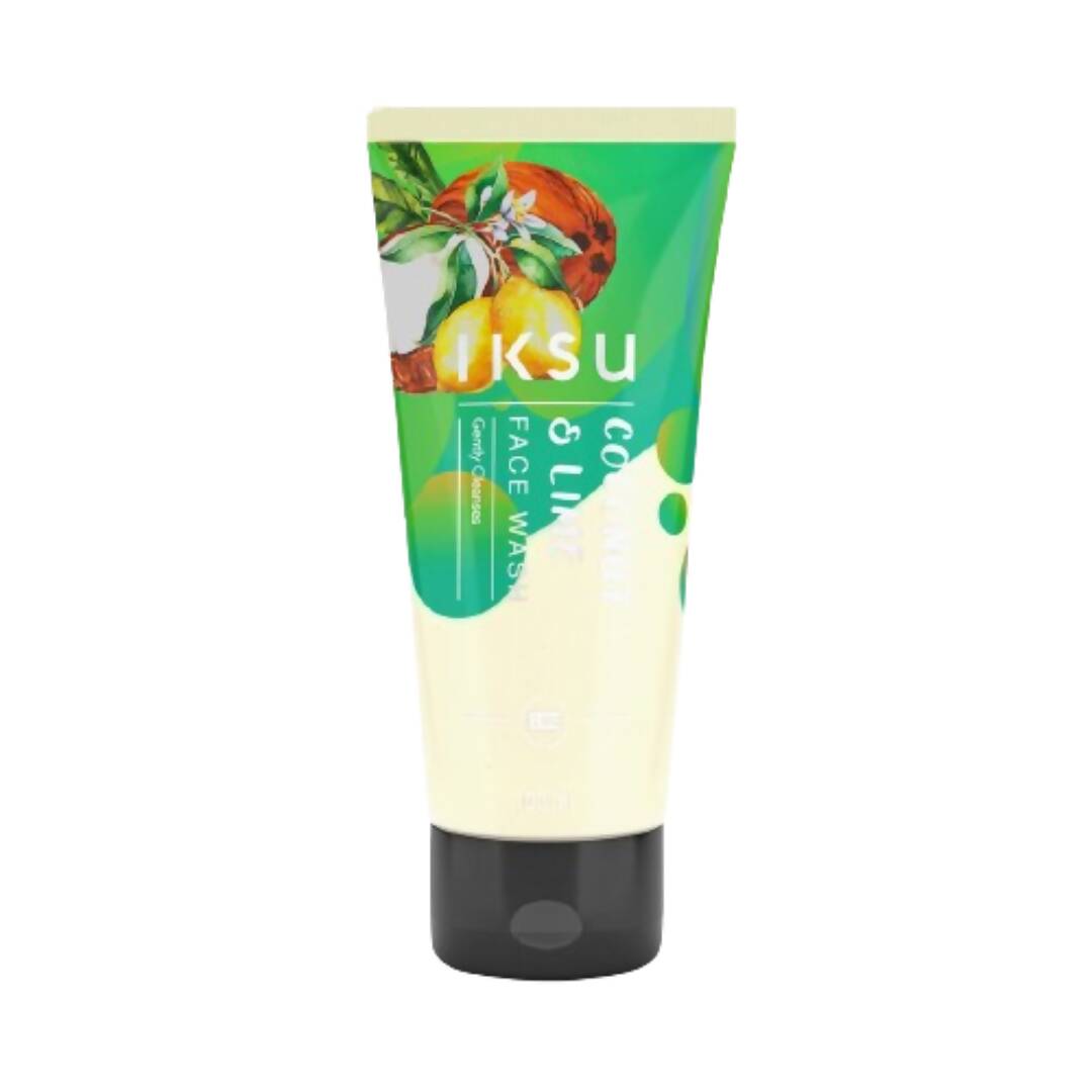 Tube of KSU coconut lime face wash with green label on a white background