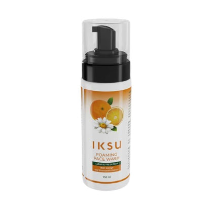 Iksu foaming face wash bottle with black pump on a white background
