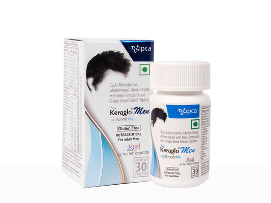 Keraglo Men supplement bottle and packaging on a white background