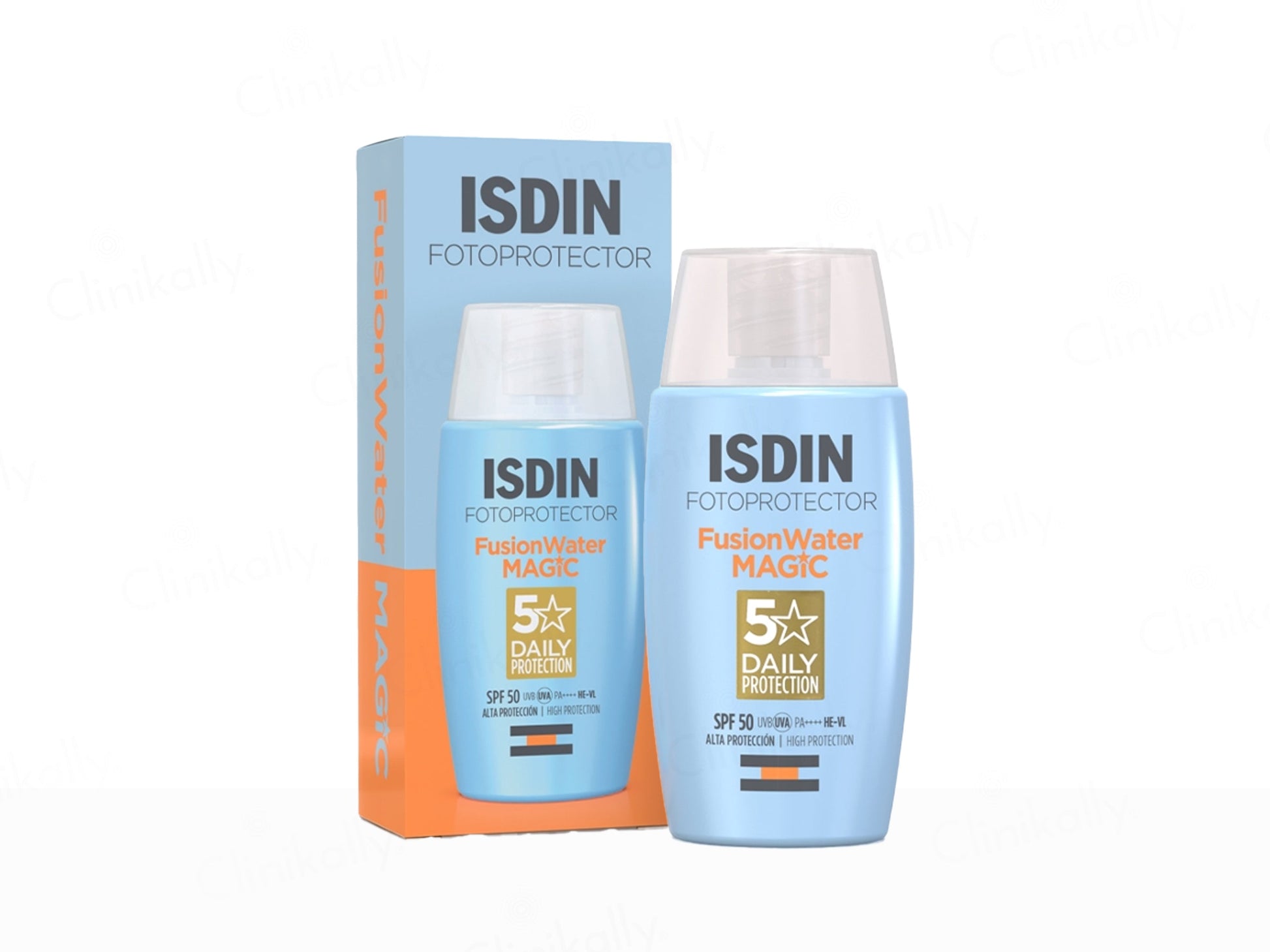 ISDIN Fotoprotector FusionWater Magic sunscreen bottles and packaging on a white background