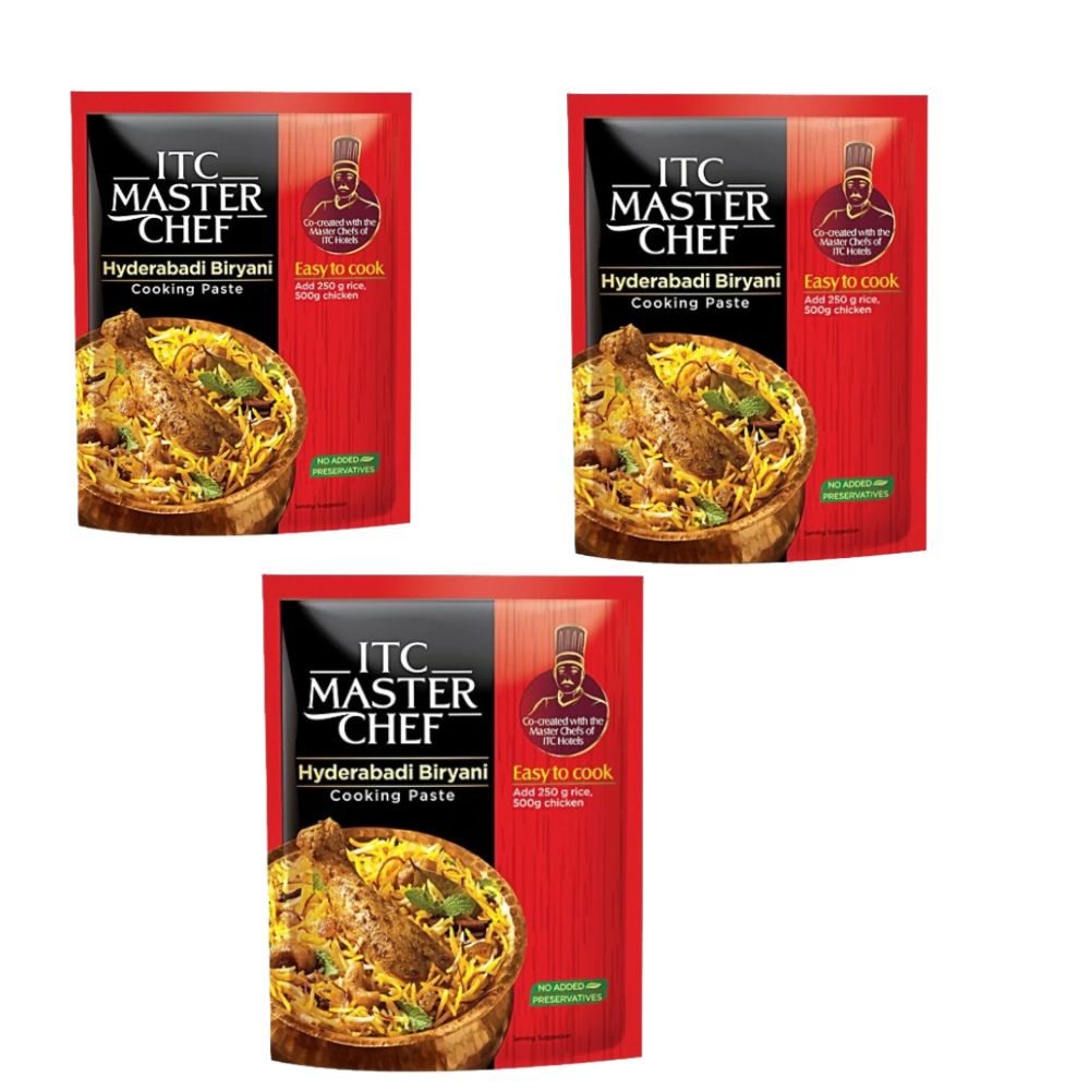 Three packages of ITC Master Chef Hyderabadi Biryani Cooking Paste on a white background