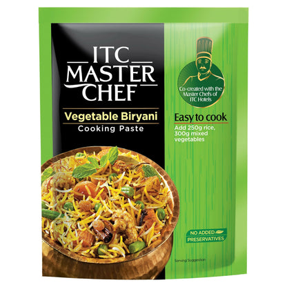 ITC Master Chef Vegetable Biryani cooking paste packaging with a bowl of biryani on a green background.