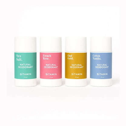 Bitamin Natural Deodorant Cotton Vanilla, Freneh Rose, Oud Gold, Sea Salt Roll On
