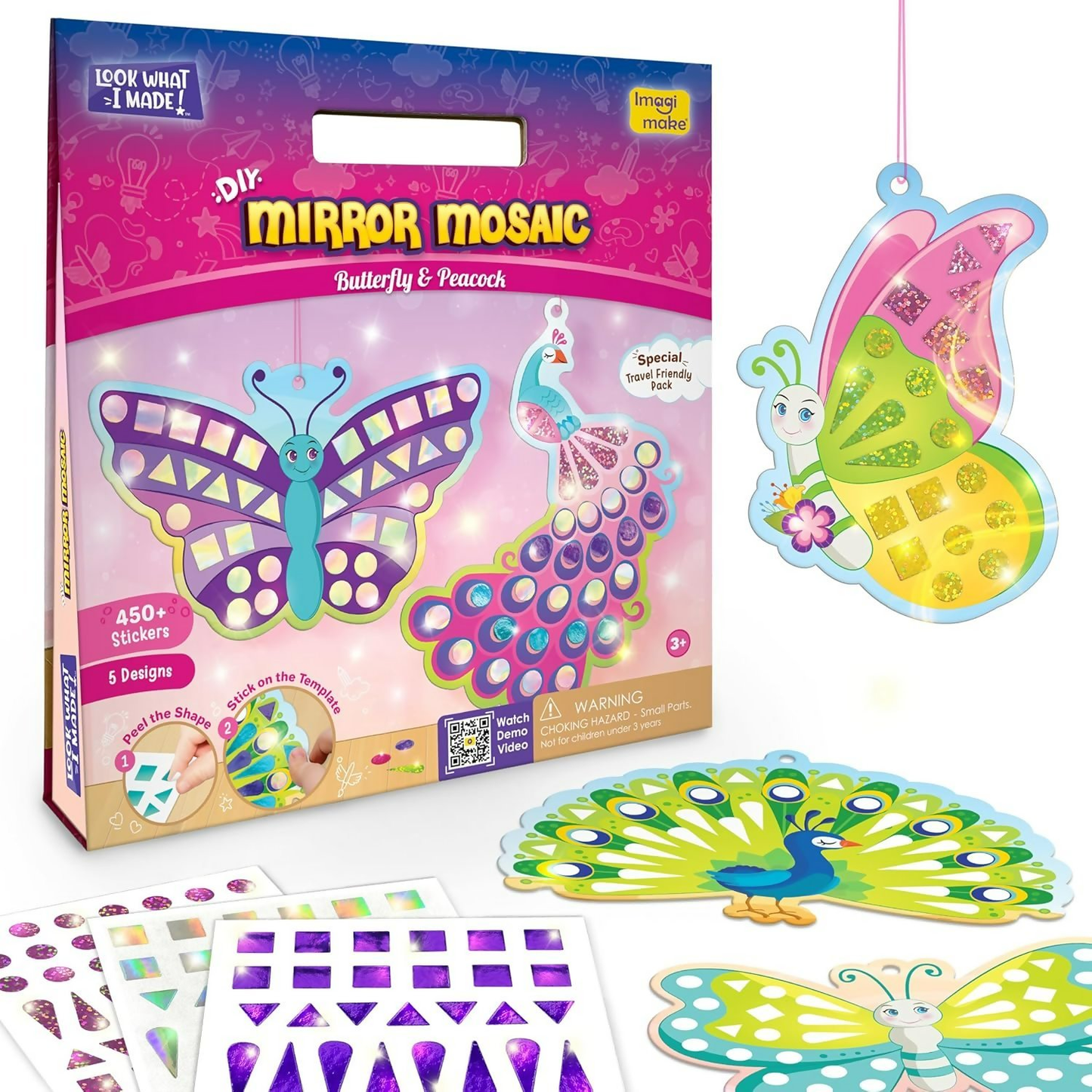 Mirror mosaic kit with butterfly and peacock designs, including packaging and completed pieces.