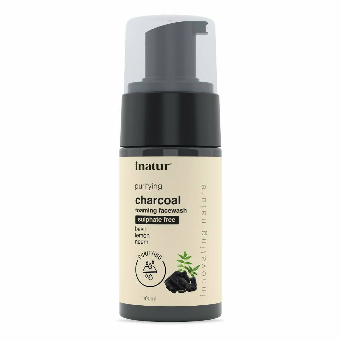 inatur charcoal foaming facewash bottle on a white background