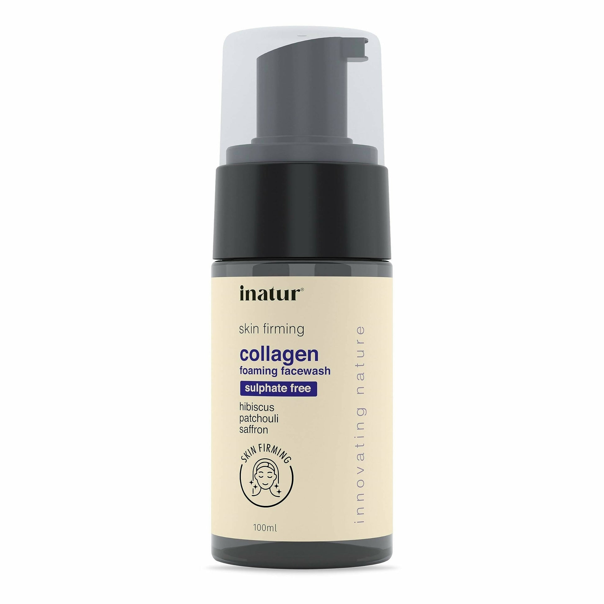 Collagen foaming face wash bottle with beige label on white background