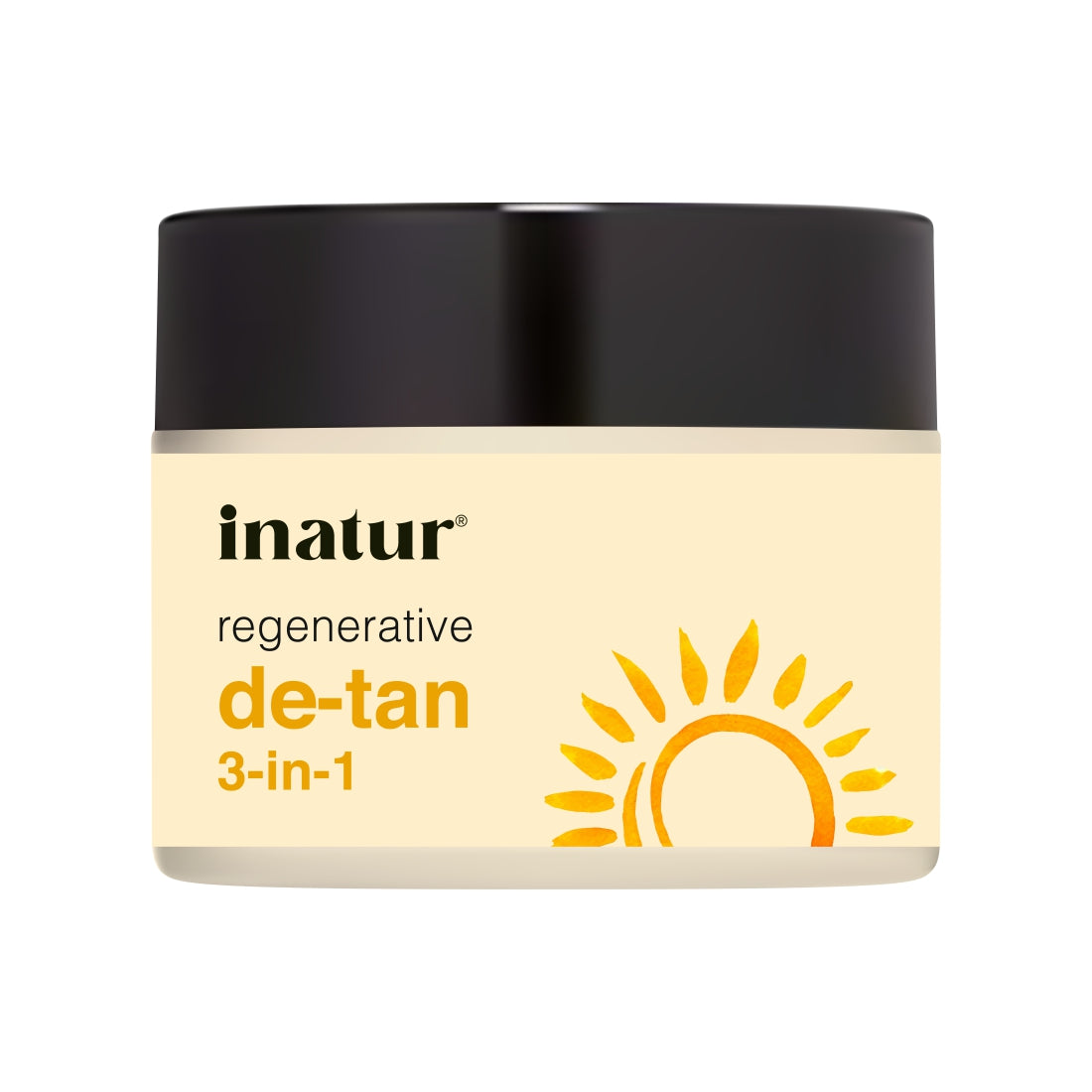 Jar of inatur regenerative de-tan 3-in-1 cream on a white background