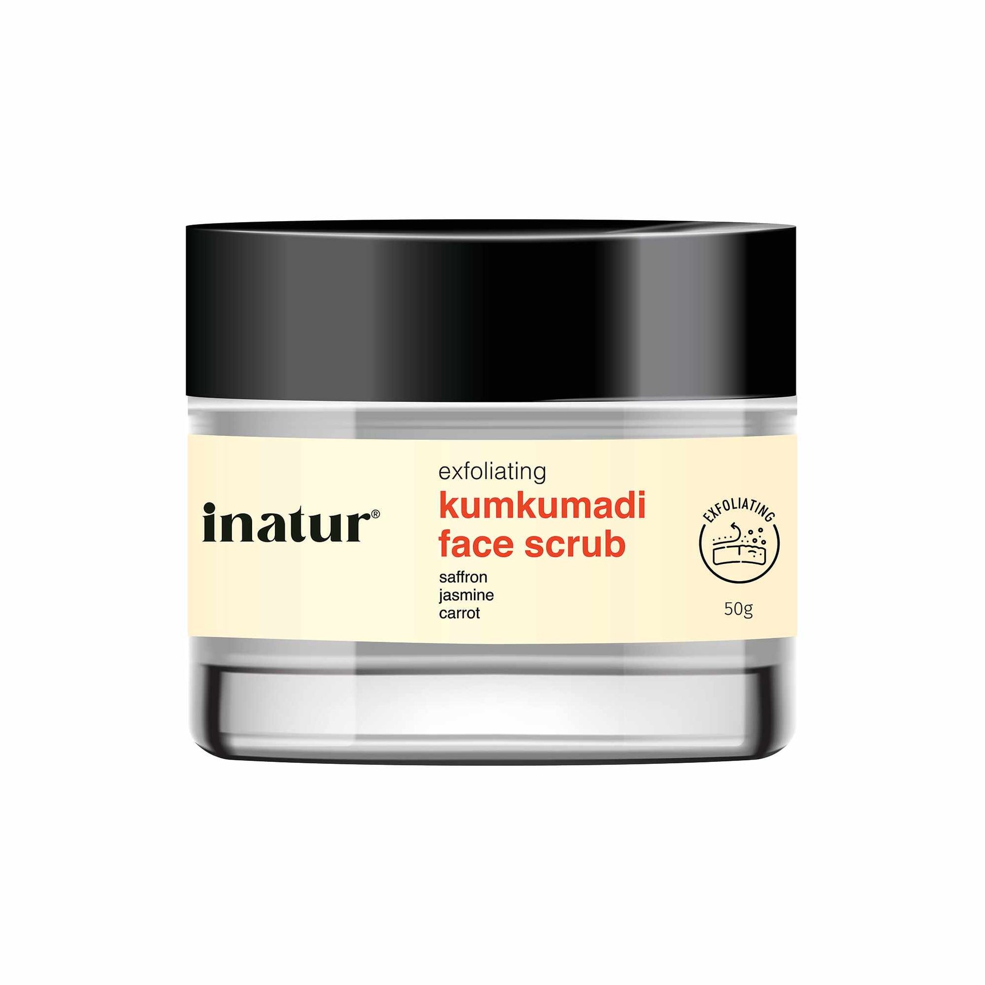 Jar of inatur exfoliating kumkumadi face scrub on a white background