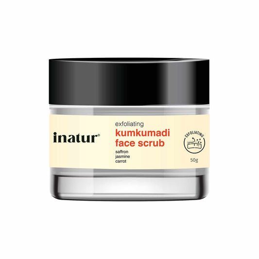 Jar of inatur exfoliating kumkumadi face scrub on a white background