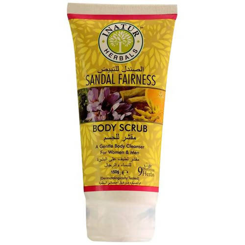 Tube of Inatur Herbals Sandal Fairness Body Scrub on a white background