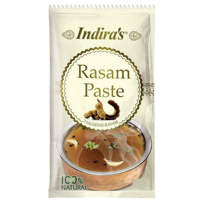 Indira's Rasam Paste packaging with a bowl of rasam on a white background