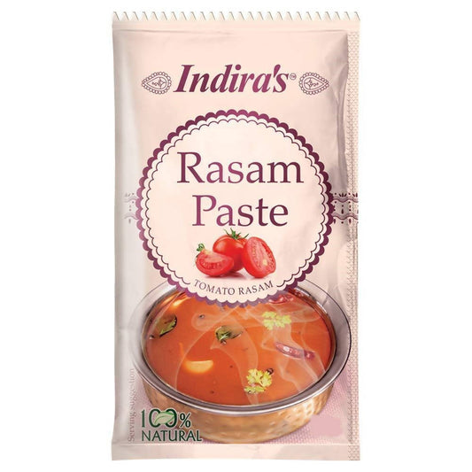 Indira's Rasam Paste packaging with a clear window showing the paste inside.