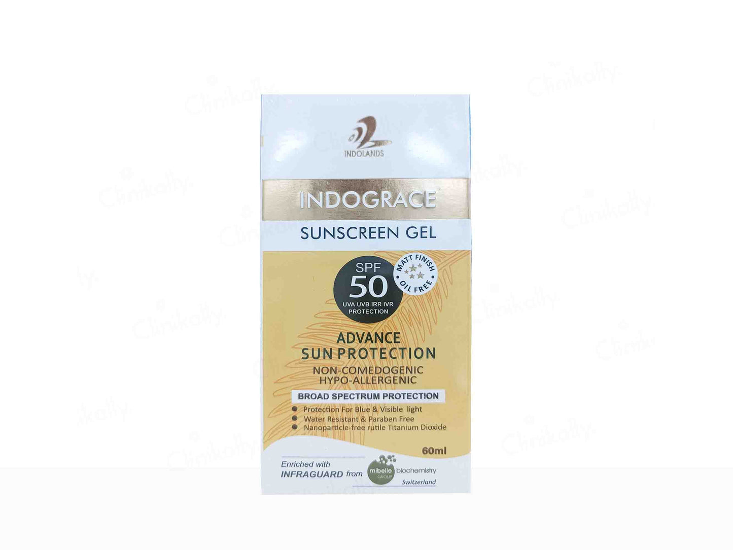 Indograce sunscreen gel packaging with SPF 50 on a white background