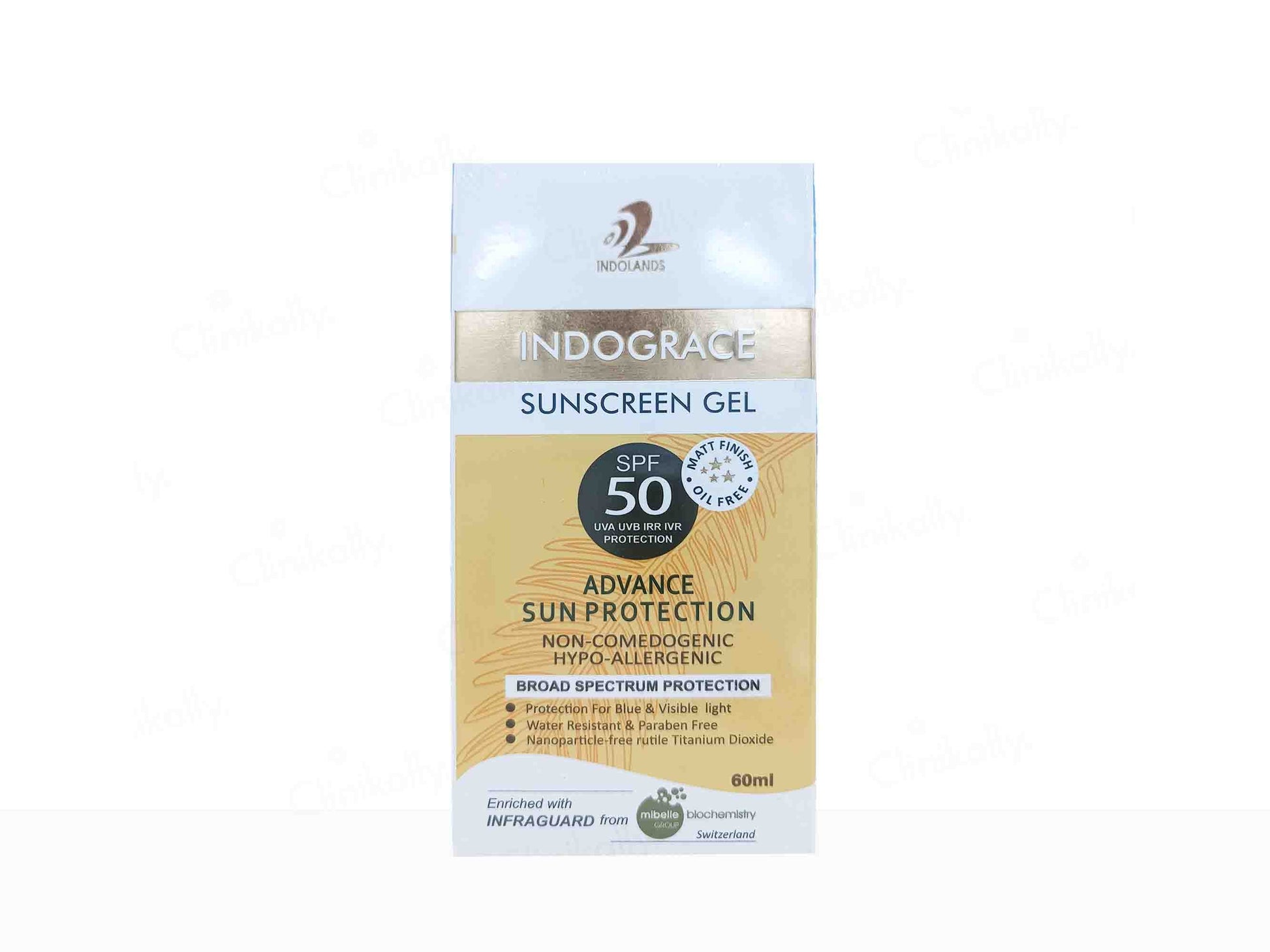 Indograce sunscreen gel packaging with SPF 50 on a white background
