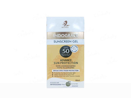 Indograce sunscreen gel packaging with SPF 50 on a white background