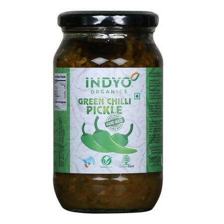 Jar of Indyo Organics Green Chilli Pickle on a white background