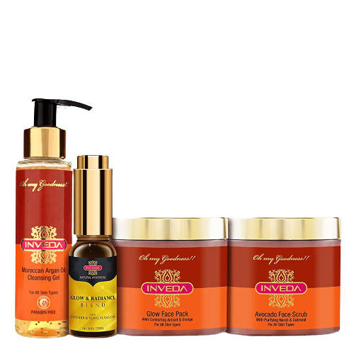 Inveda skincare product set including cleansing gel, serum, and face packs on a white background