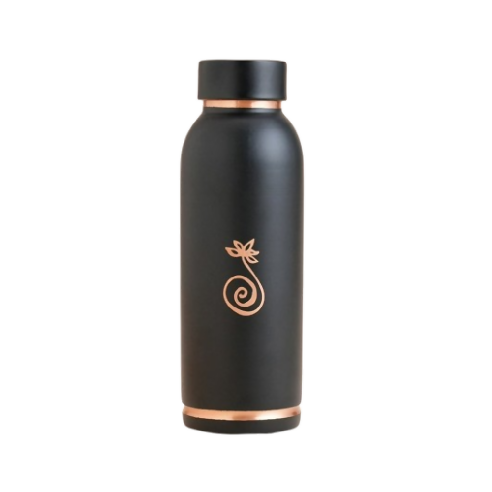 Black water bottle with rose gold accents on a white background