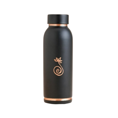 Black water bottle with rose gold accents on a white background