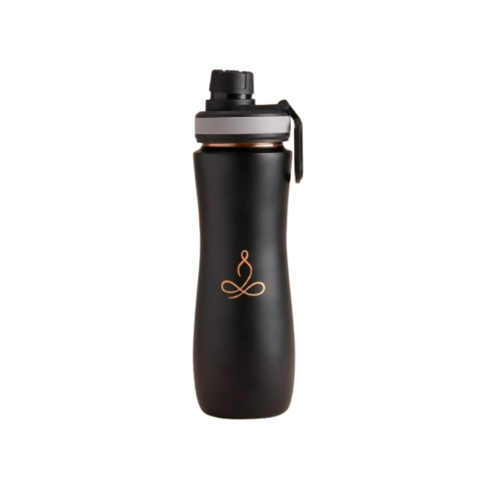 Black water bottle with a logo on a white background