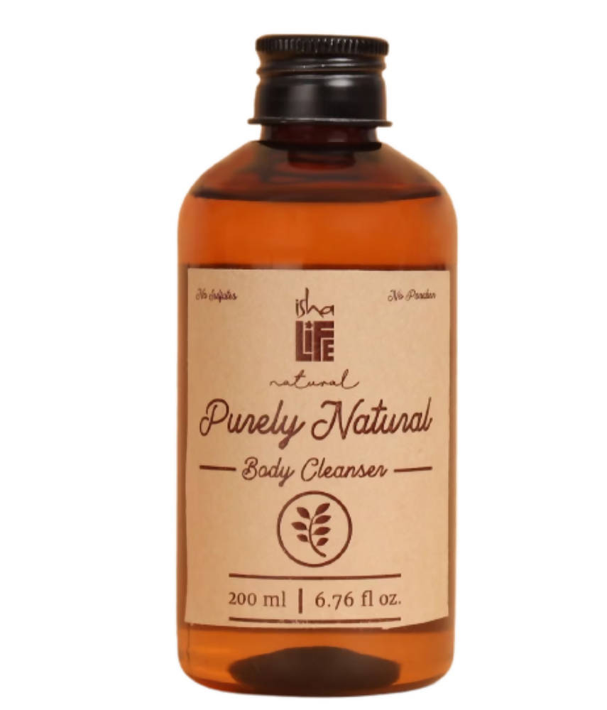 Bottle of 'Purely Natural Body Cleanser' with a brown label on a white background