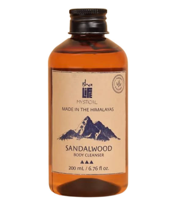 Brown bottle of sandalwood body cleanser with a mountain graphic on a white background