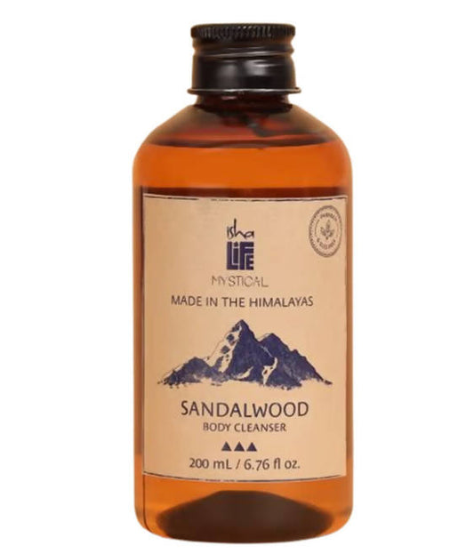 Brown bottle of sandalwood body cleanser with a mountain graphic on a white background