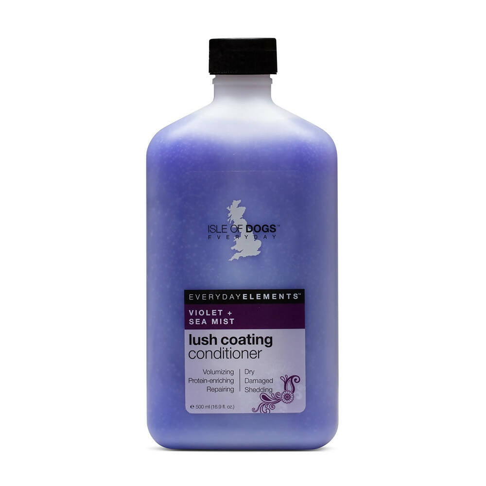 Purple bottle of Isle of Dogs Everyday Elements lush coating conditioner on a white background