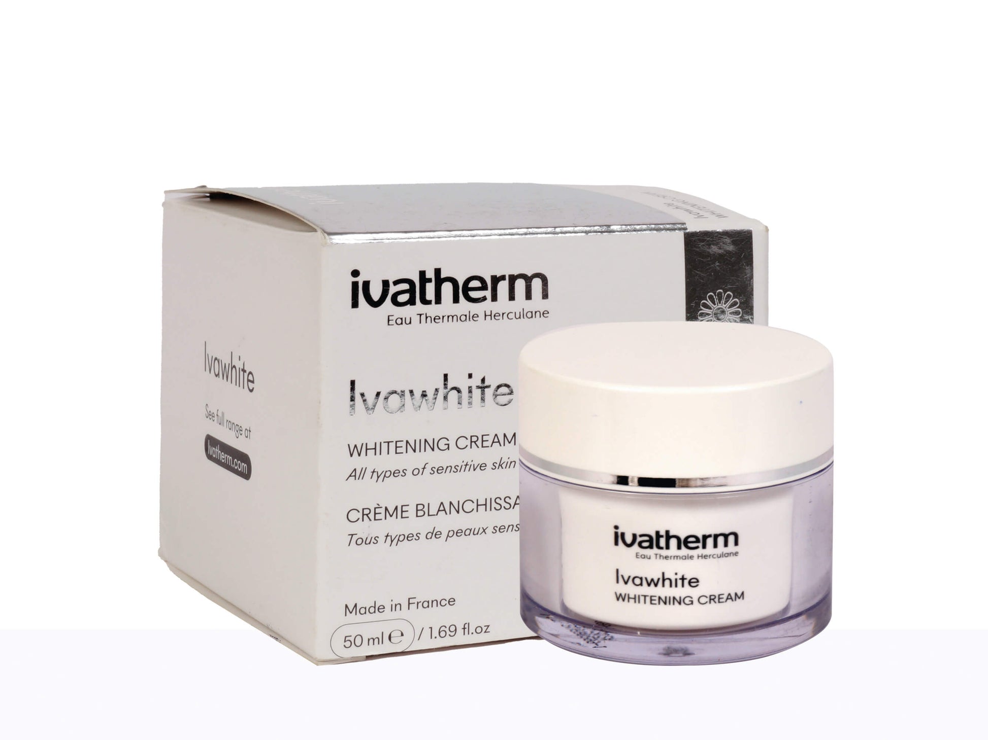 Ivatherm Ivawhite Whitening Cream jar and packaging on a white background