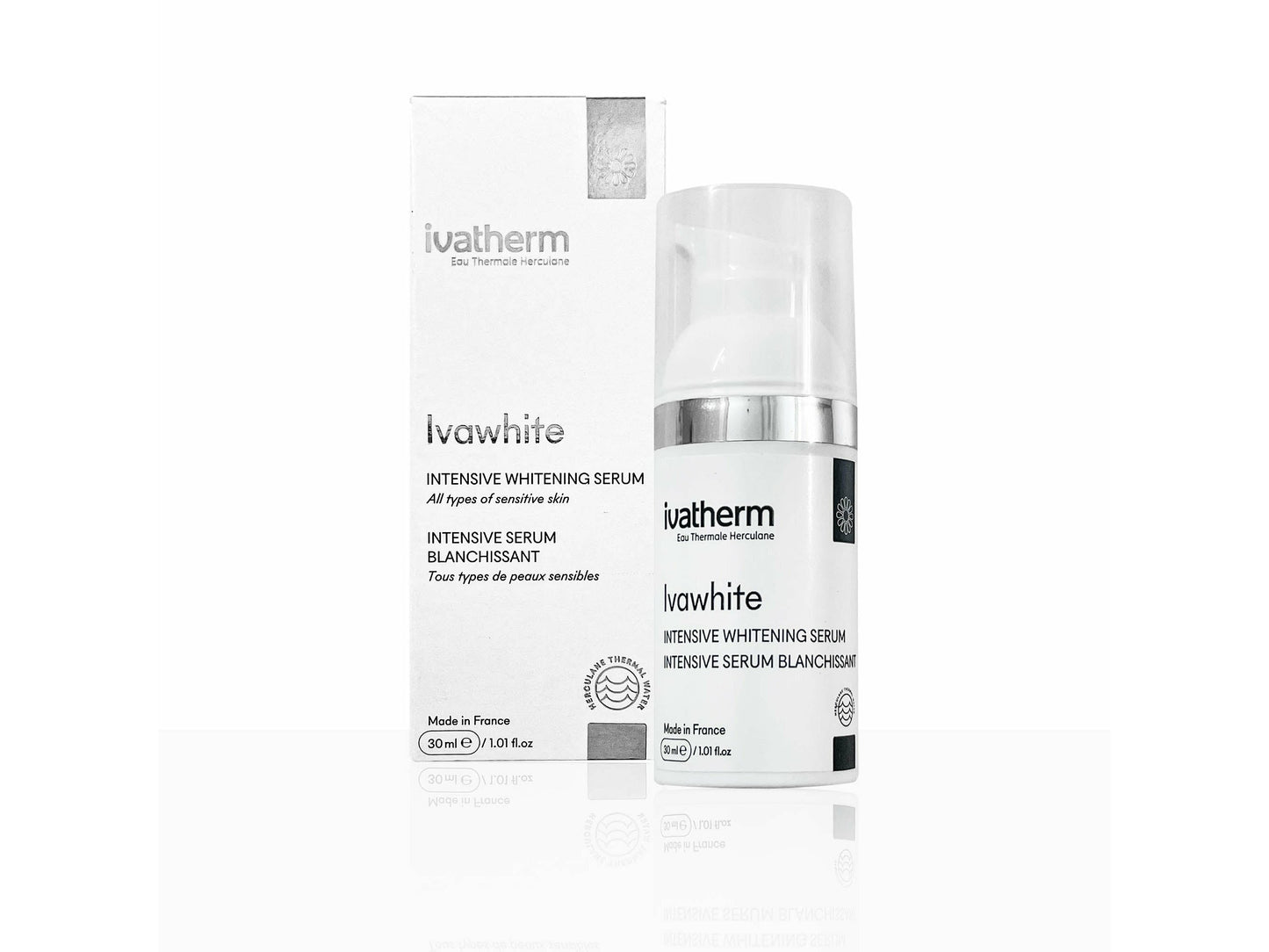 Ivatherm Ivawhite intensive whitening serum with packaging on a white background