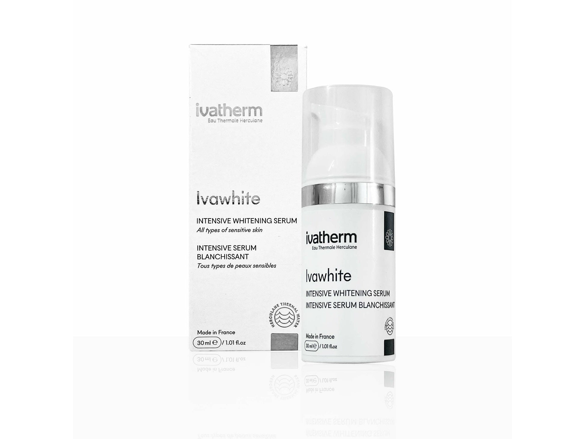 Ivatherm Ivawhite intensive whitening serum with packaging on a white background