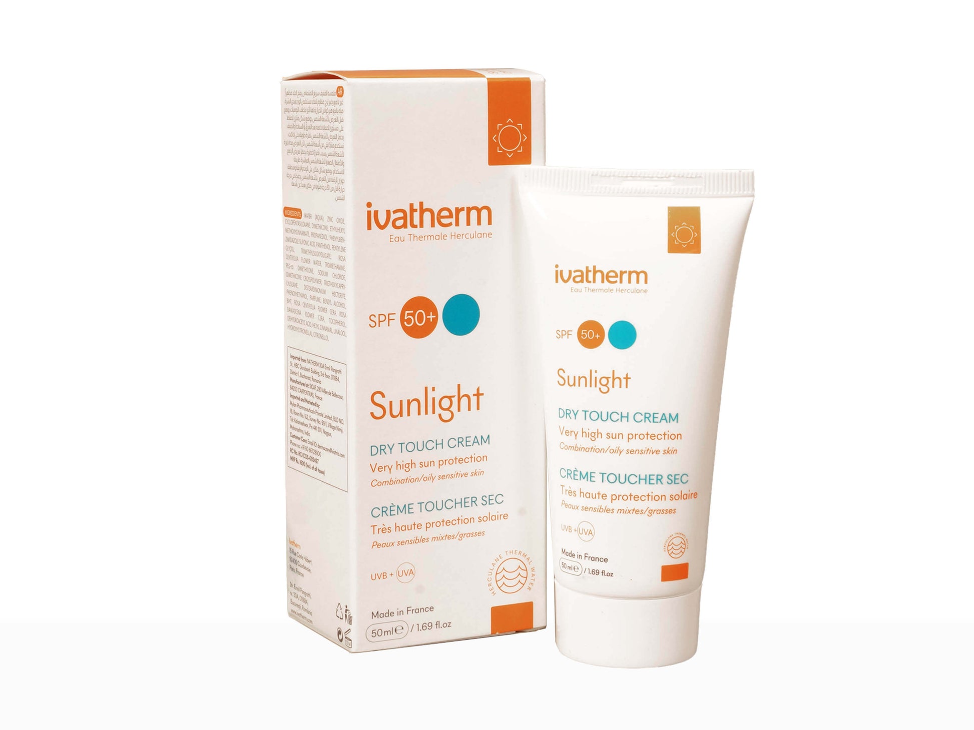 Ivatherm Sunlight dry touch cream and packaging on a white background