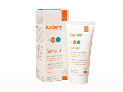 Ivatherm Sunlight dry touch cream and packaging on a white background