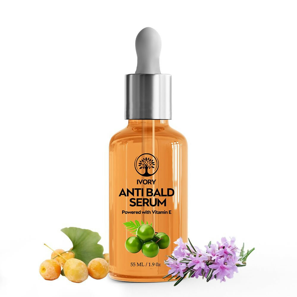Orange serum bottle with dropper labeled 'Ivory Anti Bald Serum' on a white background.