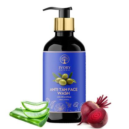 Ivory Naturals anti tan face wash bottle with aloe vera and pomegranate on a white background