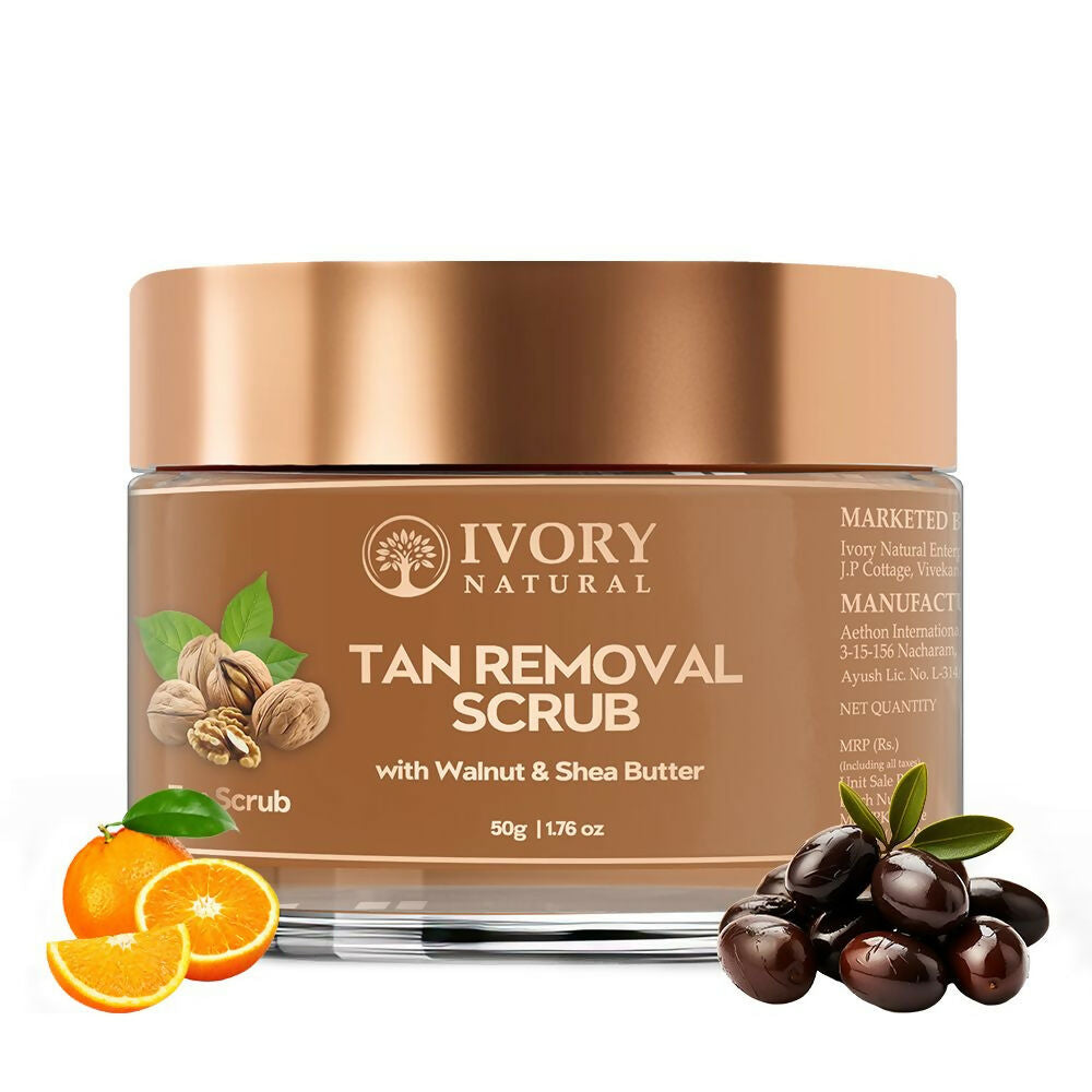 Jar of Ivory Natural Tan Removal Scrub with ingredients on a white background