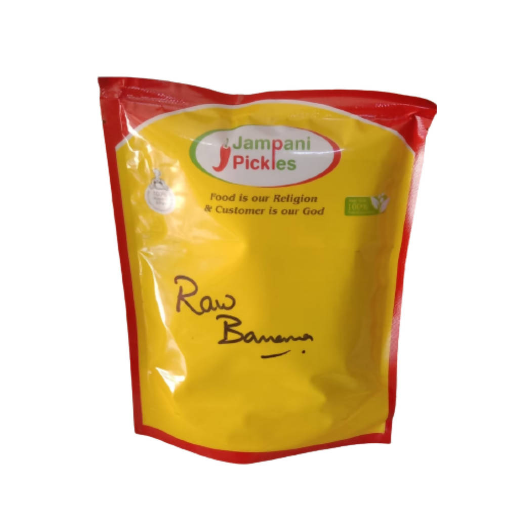 Yellow and red package of Jampani Pickles Raw Banana on a white background