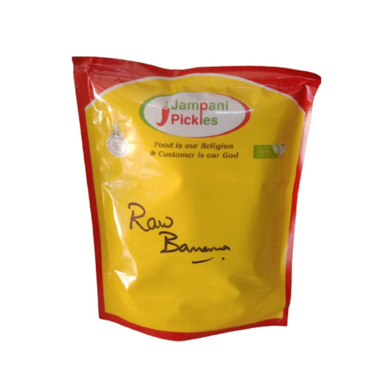 Yellow and red package of Jampani Pickles Raw Banana on a white background