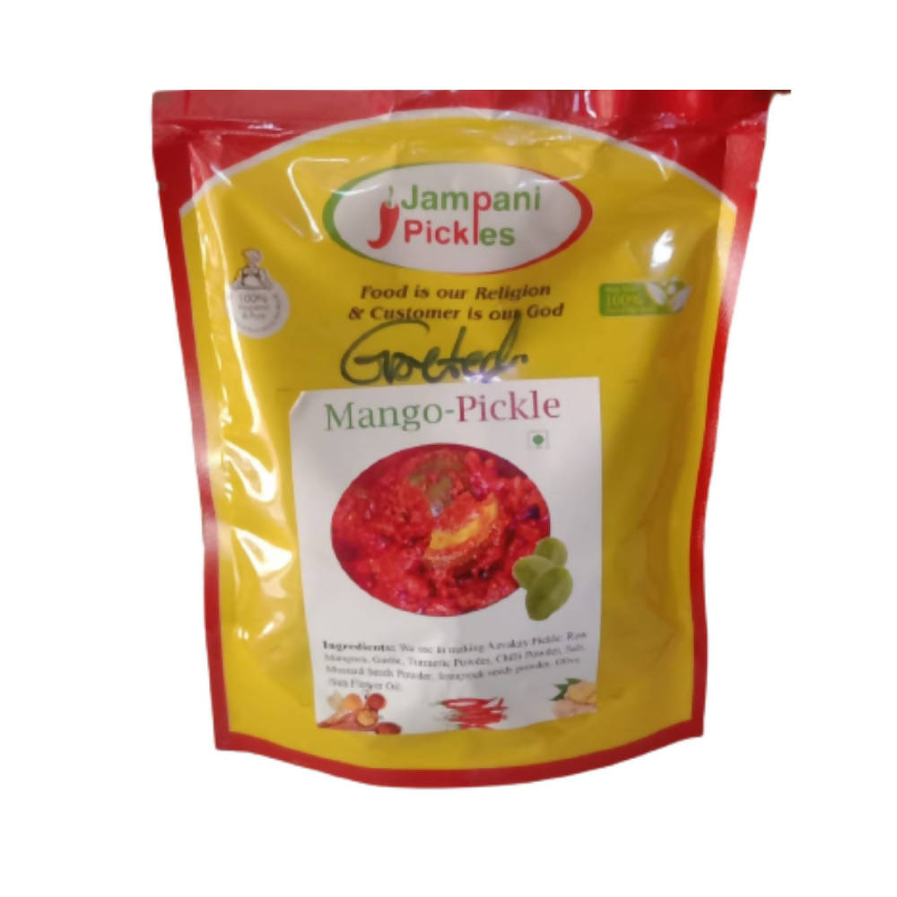 Packaged mango pickle with Jampani Pickles branding on a white background