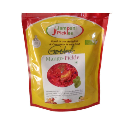 Packaged mango pickle with Jampani Pickles branding on a white background