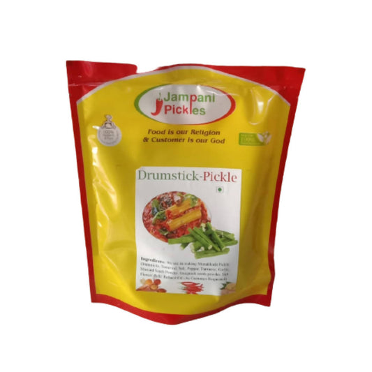 Packaged drumstick pickle with Jampani Pickles branding on a white background